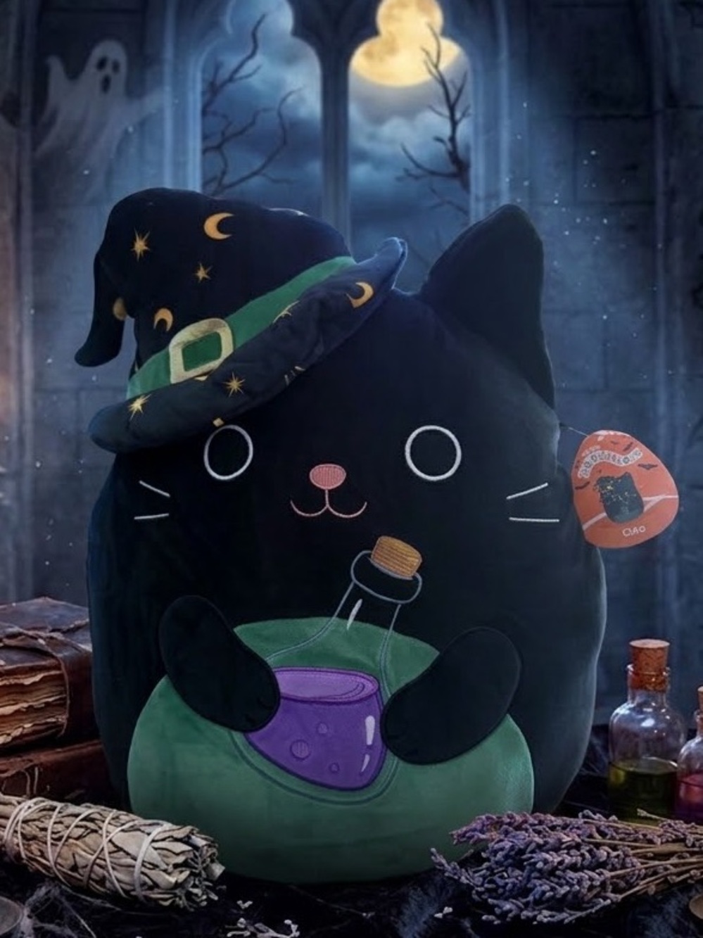Squishmallows Black Cat Witch Plush with Green and Purple Potion